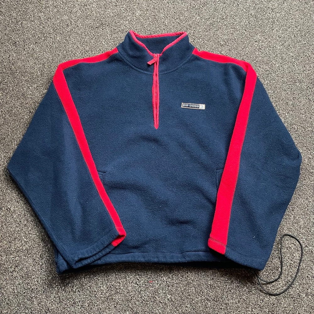 Big Dogs Quarter Zip Fleece Pullover Navy Blue Red Stripe Mens Small